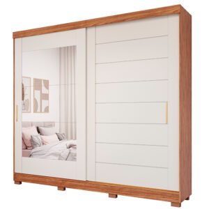 Guarda-Roupa Casal 2 Portas Correr 8 Gavetas Mdf Espelho Florença Panan - Cinamomo/ Off White